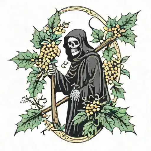 Grim reaper sarounded by Holly, hawthorn tree with flowers tattoo design idea
