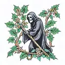 Grim reaper sarounded by Holly, hawthorn tree with flowers tattoo design idea
