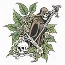 Grim reaper sarounded by Holly, hawthorn tree with flowers tattoo design idea