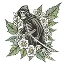 Grim reaper sarounded by Holly, hawthorn tree with flowers tattoo design idea