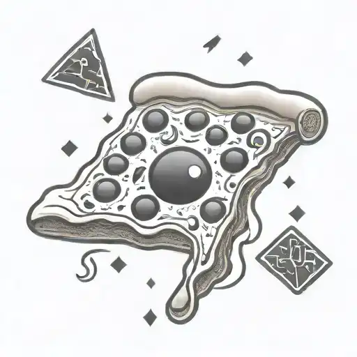 A tattoo of a traditional Italian pizza overlaid with gaming symbols, in a black-grey style tattoo design idea