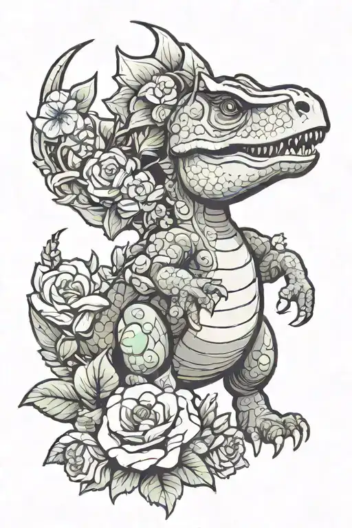 dinosaur with flowers blooming tattoo design idea
