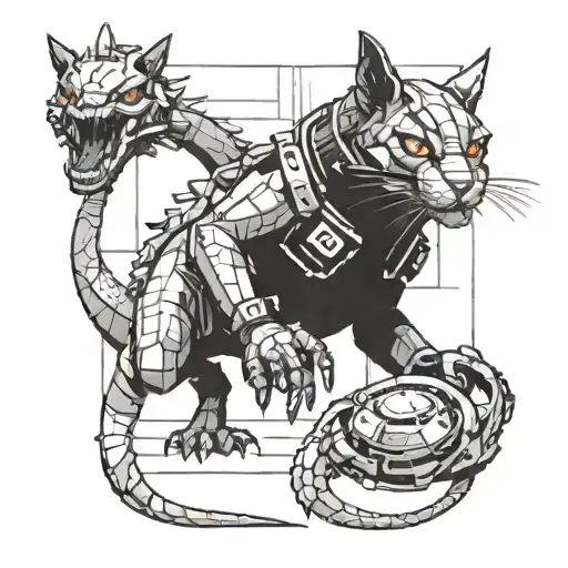 A futuristic cyberpunk scene with a pixelated cat character battling a dragon in a virtual reality setting tattoo design idea