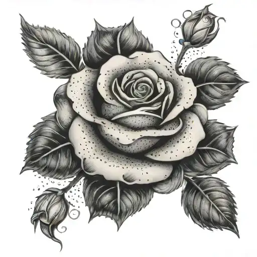A dotwork design of a rose intertwined with dollar signs, representing beauty and money tattoo design idea