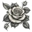 A dotwork design of a rose intertwined with dollar signs, representing beauty and money tattoo design idea