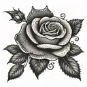 A dotwork design of a rose intertwined with dollar signs, representing beauty and money tattoo design idea