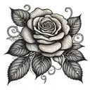A dotwork design of a rose intertwined with dollar signs, representing beauty and money tattoo design idea