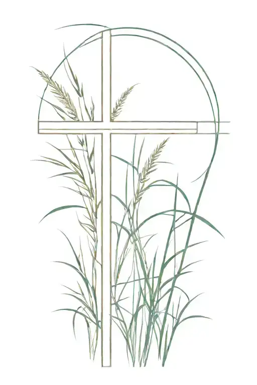 cross surrounded by tall grass field tattoo design idea