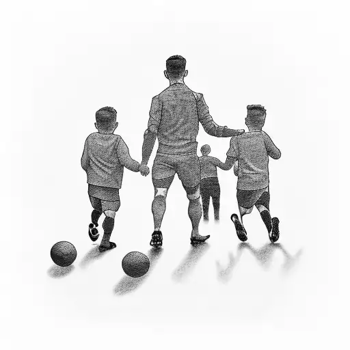 father and son go watch football. kid on dad's back holding a scarf tattoo design idea