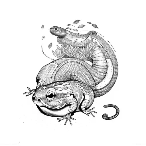 mouse, snail, and salamander in woodland plants  tattoo design idea