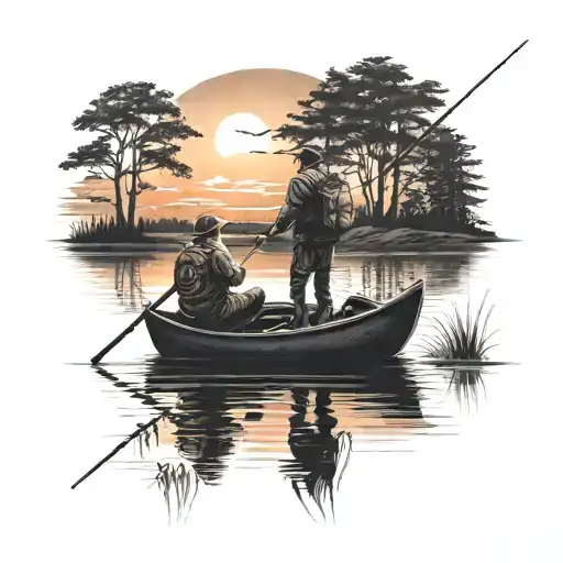 father son fishing on lake in the sunset sky tattoo design idea