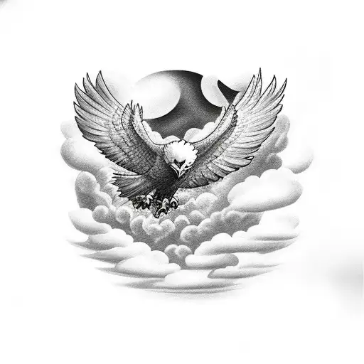 eagle with wing in sky with cloud with eye and flower tattoo design idea