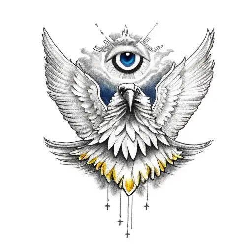 eagle with wing in sky with cloud with eye and flower tattoo design idea