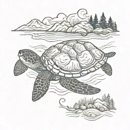 sea turtle swimming, mountains and trees on the shell tattoo design idea