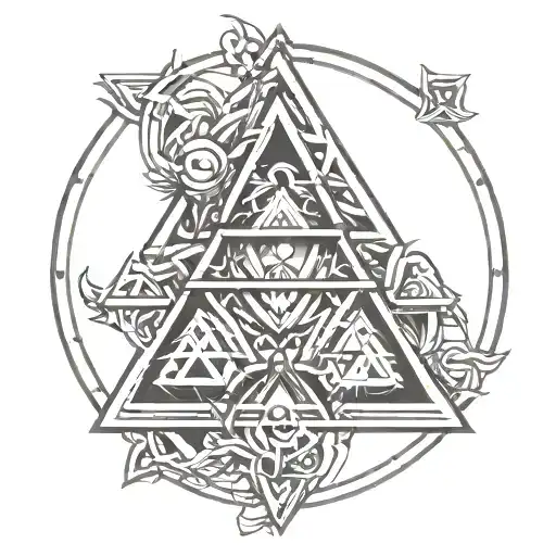 Zelda triforce with hylian charcaters J, R and D inside the triangles. Encase the triforce in a circle matchin zelda tattoo design idea