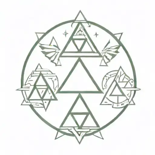 Zelda triforce with hylian charcaters J, R and D inside the triangles. Encase the triforce in a circle matchin zelda tattoo design idea