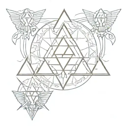 Zelda triforce with hylian charcaters J, R and D inside the triangles. Encase the triforce in a circle matchin zelda tattoo design idea