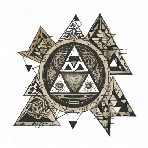 Zelda triforce with hylian charcaters J, R and D inside the triangles. Encase the triforce in a circle matchin zelda tattoo design idea