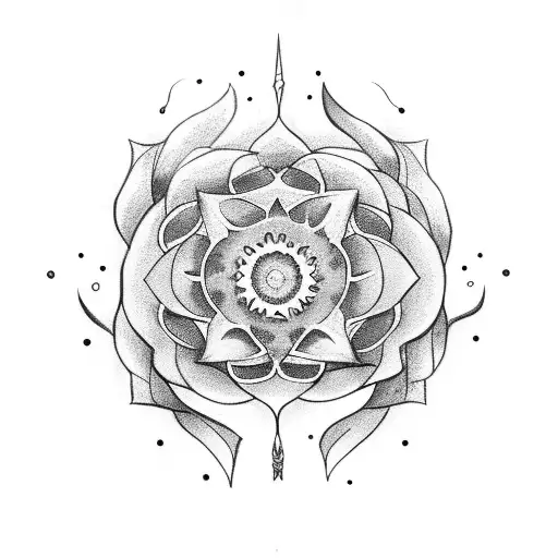 Sword stuck in the core of a large lotus tattoo design idea