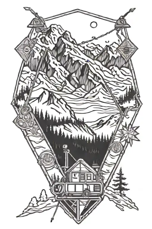 diamond tattoo with mountains and ski lift tattoo design idea