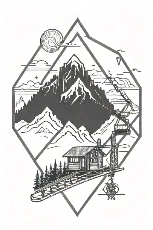 diamond tattoo with mountains and ski lift tattoo design idea