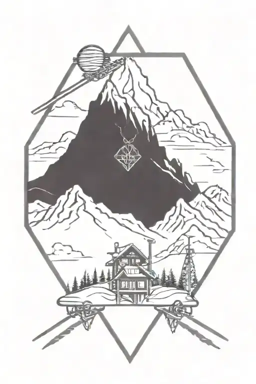diamond tattoo with mountains and ski lift tattoo design idea