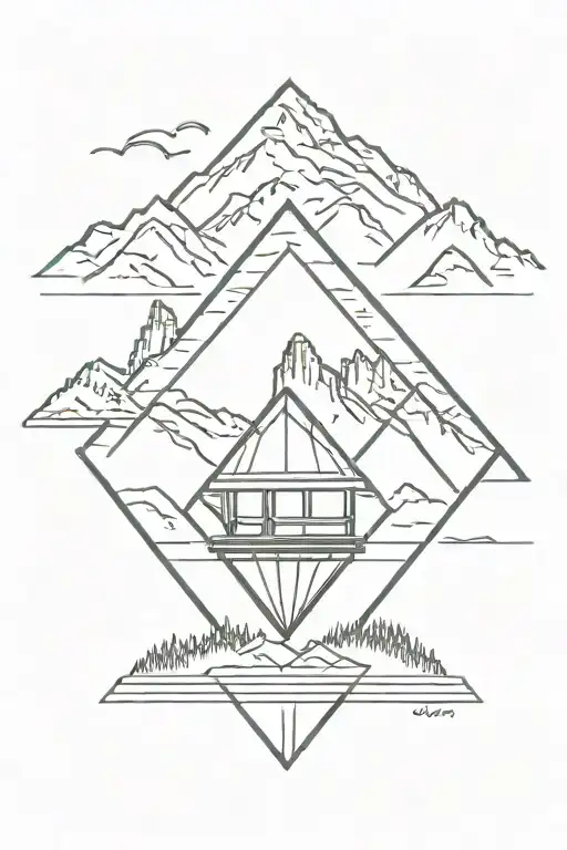 diamond with mountains and ski lift tattoo design idea
