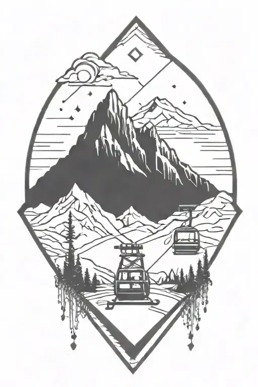 diamond tattoo with mountains and ski lift tattoo design idea