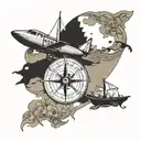 map boat plane Viking compass tattoo design idea