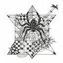A chessboard pattern incorporating hiking trails and origami cranes, with a spider weaving its web in the background tattoo design idea