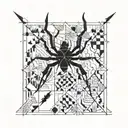 A chessboard pattern incorporating hiking trails and origami cranes, with a spider weaving its web in the background tattoo design idea
