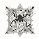 A chessboard pattern incorporating hiking trails and origami cranes, with a spider weaving its web in the background tattoo design idea