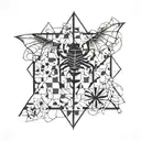 A chessboard pattern incorporating hiking trails and origami cranes, with a spider weaving its web in the background tattoo design idea