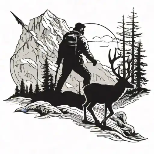 A hunter hiking through the mountains with a deer skull as a backdrop tattoo design idea