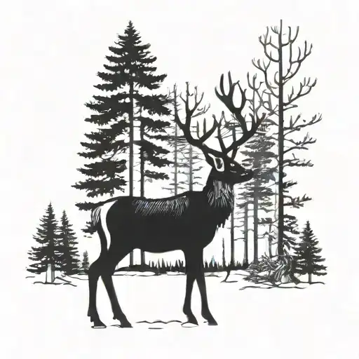 A detailed blackwork tattoo of a majestic deer standing in a forest in northern Maine tattoo design idea