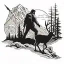 A hunter hiking through the mountains with a deer skull as a backdrop tattoo design idea