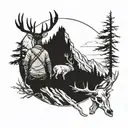 A hunter hiking through the mountains with a deer skull as a backdrop tattoo design idea