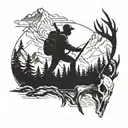 A hunter hiking through the mountains with a deer skull as a backdrop tattoo design idea