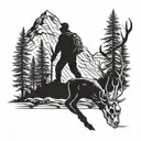 A hunter hiking through the mountains with a deer skull as a backdrop tattoo design idea