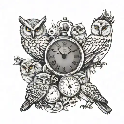 Clocks, small owls and small ravens  tattoo design idea