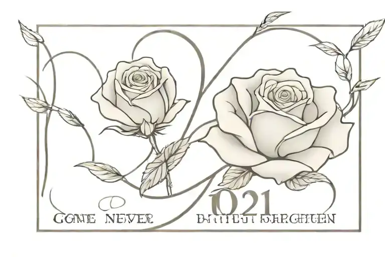 the date 1/8/21 in roman numerals with a rose outline behind it with the saying gone but never forgotten  tattoo design idea
