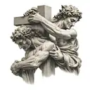 ancient greek statues trying to catch each other and between their hands a cross tattoo design idea
