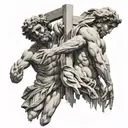 ancient greek statues trying to catch each other and between their hands a cross tattoo design idea