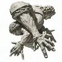 ancient greek statues trying to catch each other and between their hands a cross tattoo design idea