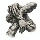 ancient greek statues trying to catch each other and between their hands a cross tattoo design idea
