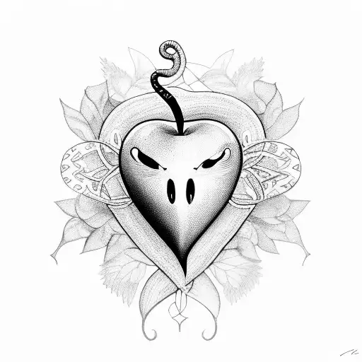 An apple with an eye, a realistic heart with butterflies and snake tattoo design idea