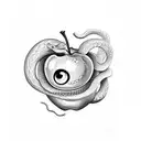 An apple with eyes, a snake, a realistic heart tattoo design idea