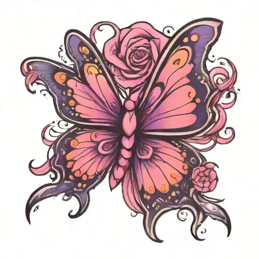butterfly pink breast cancer ribbon as body. purple wings  tattoo design idea