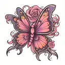 butterfly pink breast cancer ribbon as body. purple wings  tattoo design idea