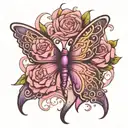 butterfly pink breast cancer ribbon as body. purple wings  tattoo design idea